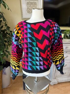Vintage 80s I.B. Diffusion Rainbow Geometric Art to Wear Wool Sweater S